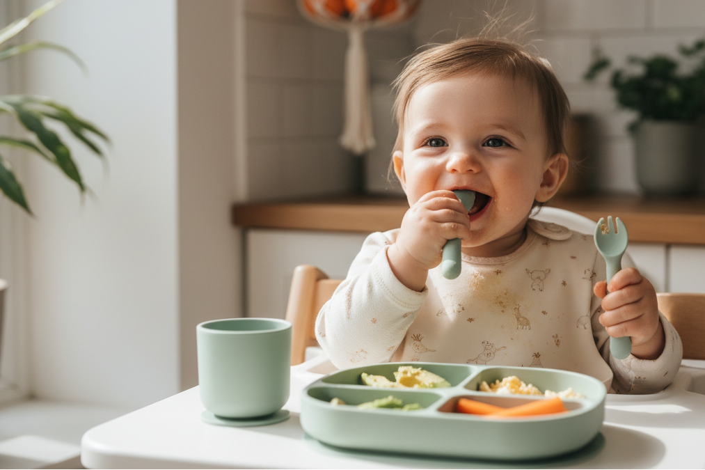bebé de 8 meses comiendo solo, sonriendo en una silla con su kit de alimentacion blw color verde salvia claro