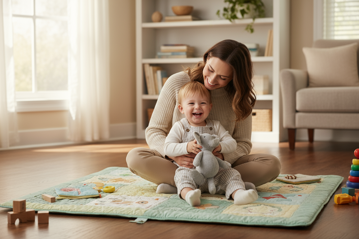 Madre e hijo jugando encima de un mat de juegos