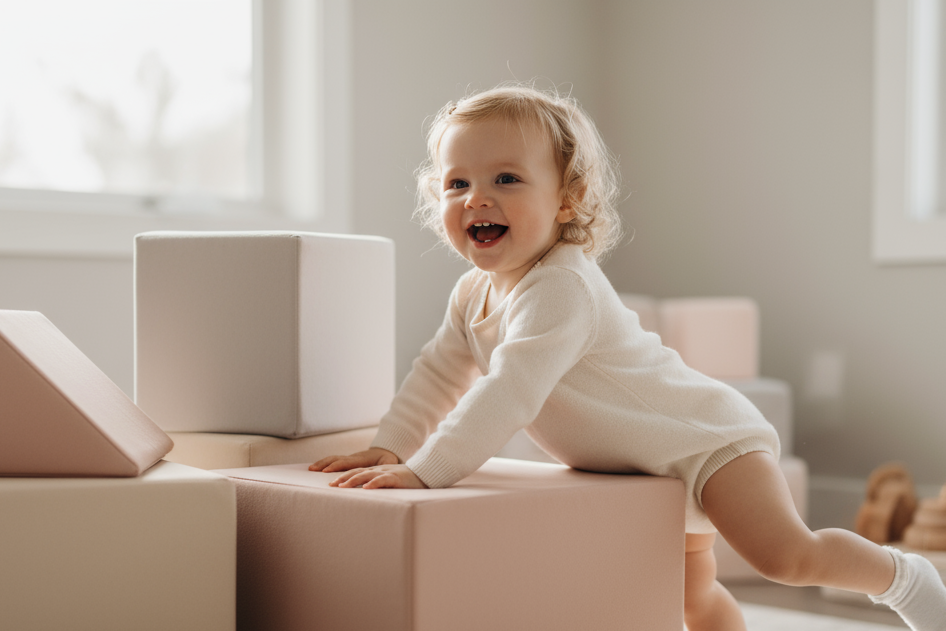 una beba jugando con un soft play kit de cubos, trepando muy feliz 